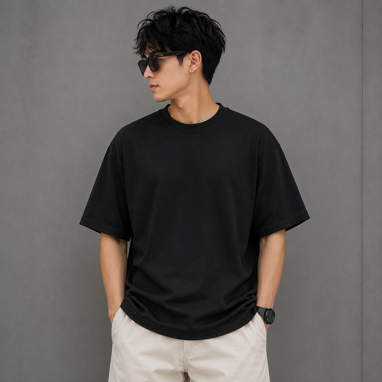 H_&_M Men’s Black Oversized T-Shirt | Premium Boxy Fit Crew Neck Casual Tee