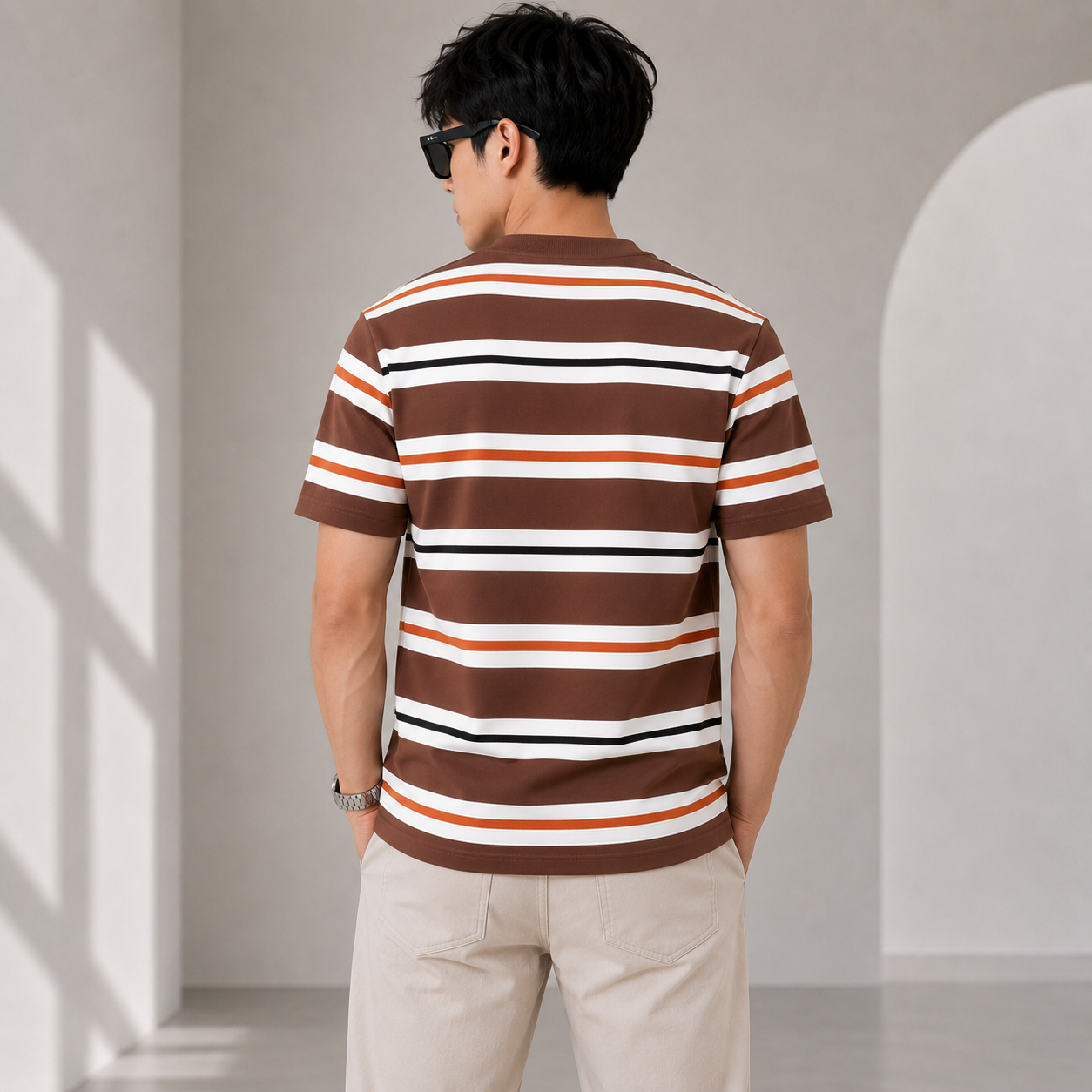 Pr_ada Men’s Premium Brown Striped T-Shirt | Round Neck Half Sleeve Designer Casual Tee
