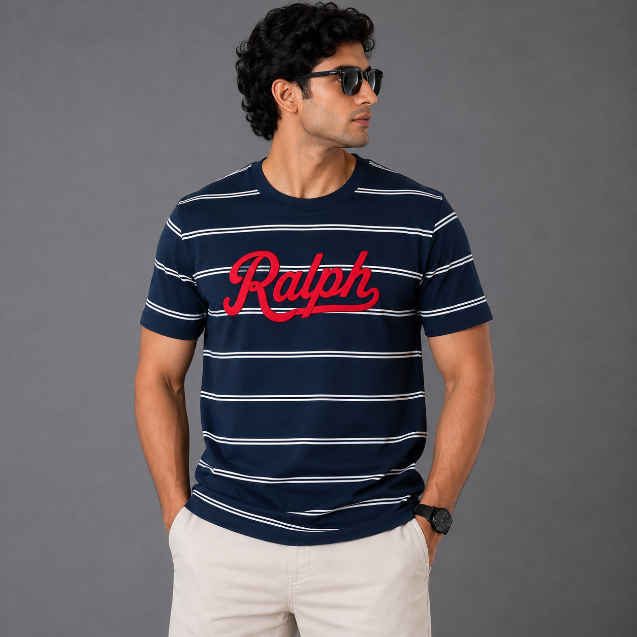 Po_lo Ral_ph Lau_ren Men’s Navy Blue Striped Crew Neck T-Shirt – Red Ralph Embroidered Logo
