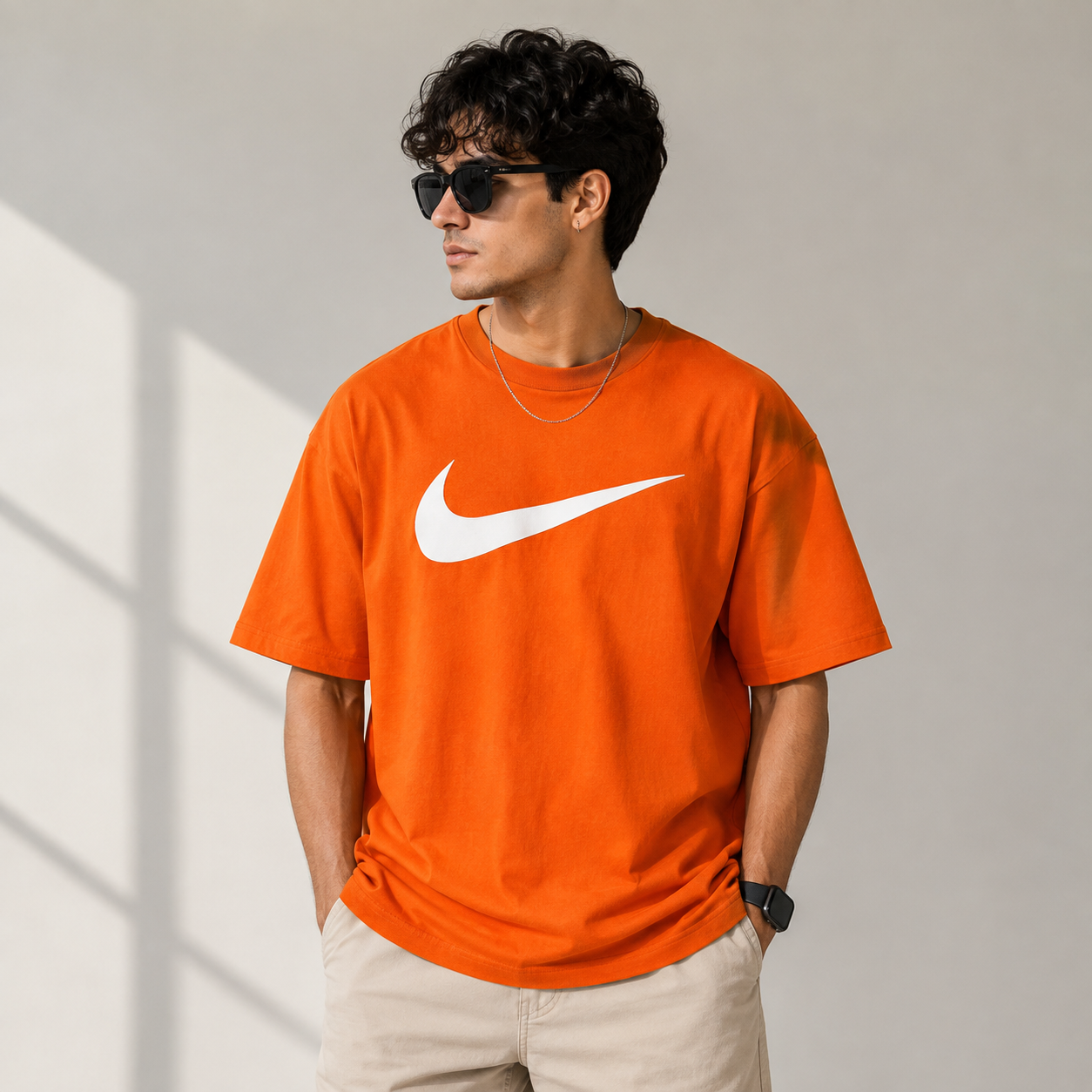Ni_ke Men’s Orange Oversized Graphic T-Shirt – Bold Swoosh Casual Streetwear Tee