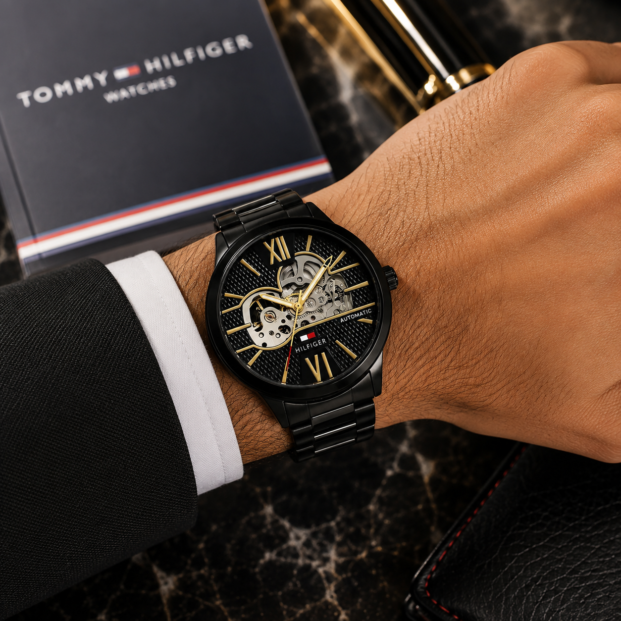 Tom_my Hilfi_ger Men’s Automatic Skeleton Watch – Black Stainless Steel & Gold-Tone Dial