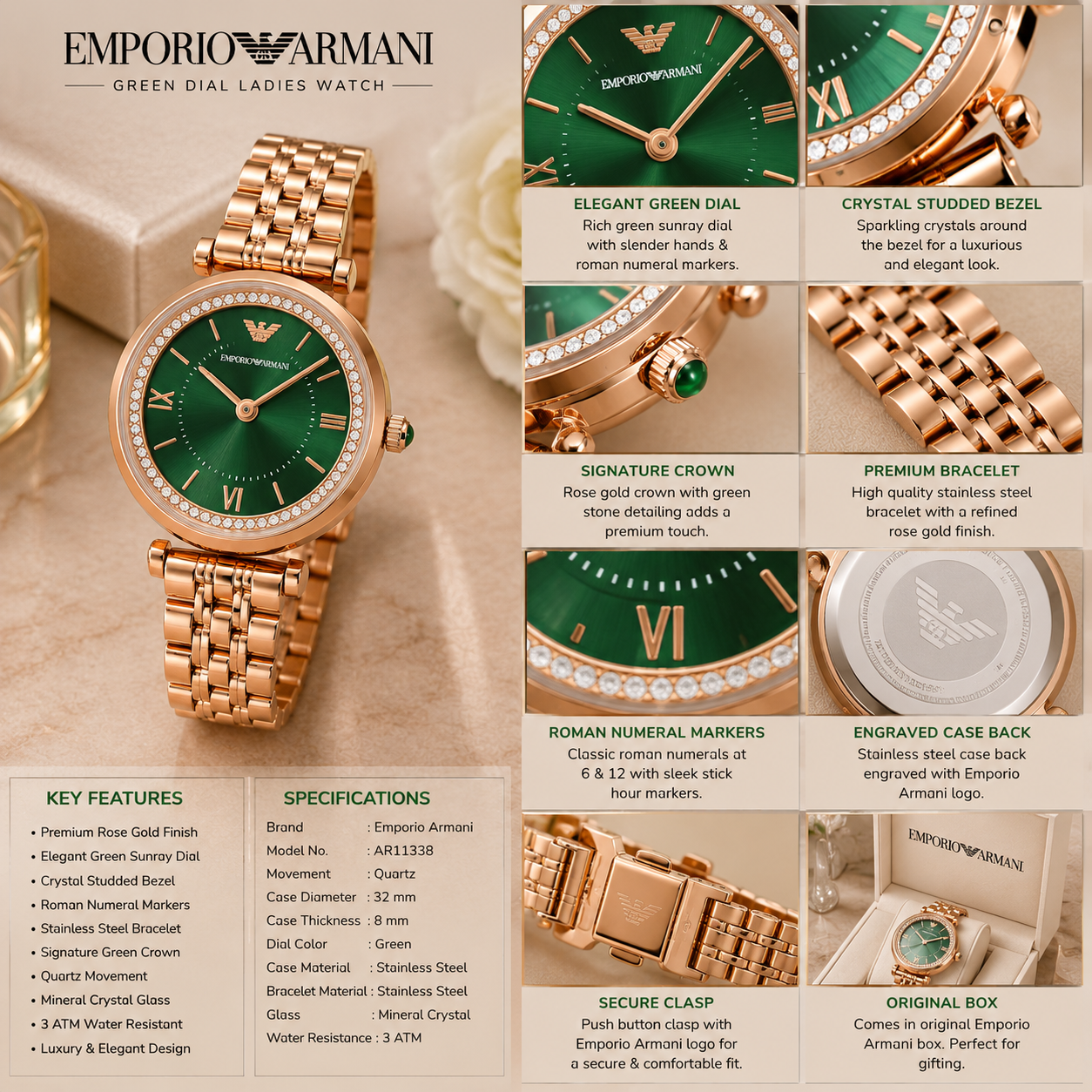 Emp_orio Arm_ani Rose Gold Green Dial Crystal Ladies Watch