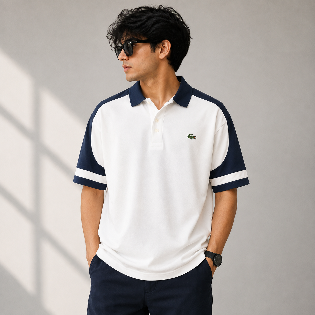 Lac_oste Style Men’s White & Navy Contrast Polo T-Shirt | Premium Half Sleeve Casual Polo | Smart Regular Fit