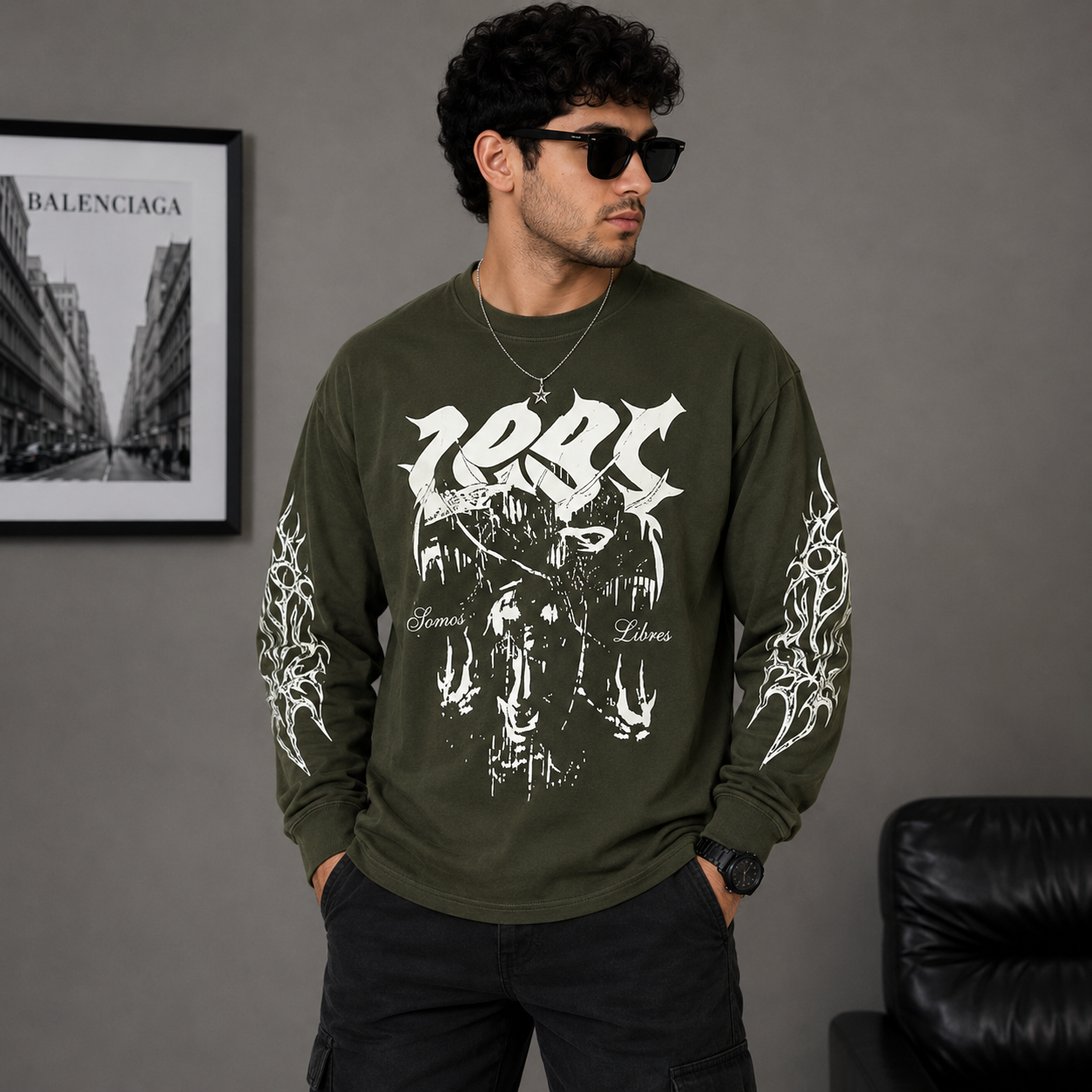 za_ra Men's Olive Oversized Graphic Print Full Sleeve T-Shirt