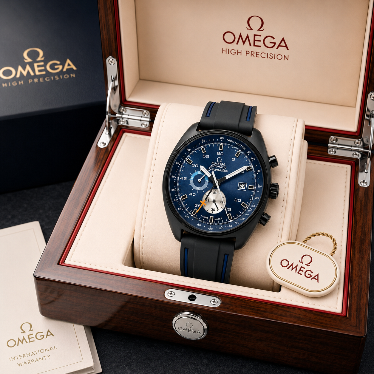 Om_ega Seamaster Automatic Chronograph Men’s Watch – Blue Dial & Black Rubber Strap