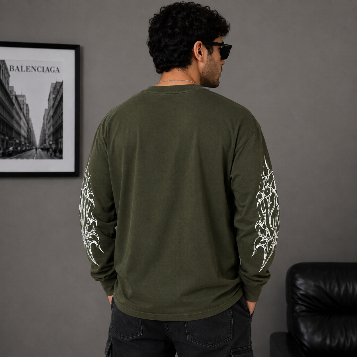 za_ra Men's Olive Oversized Graphic Print Full Sleeve T-Shirt