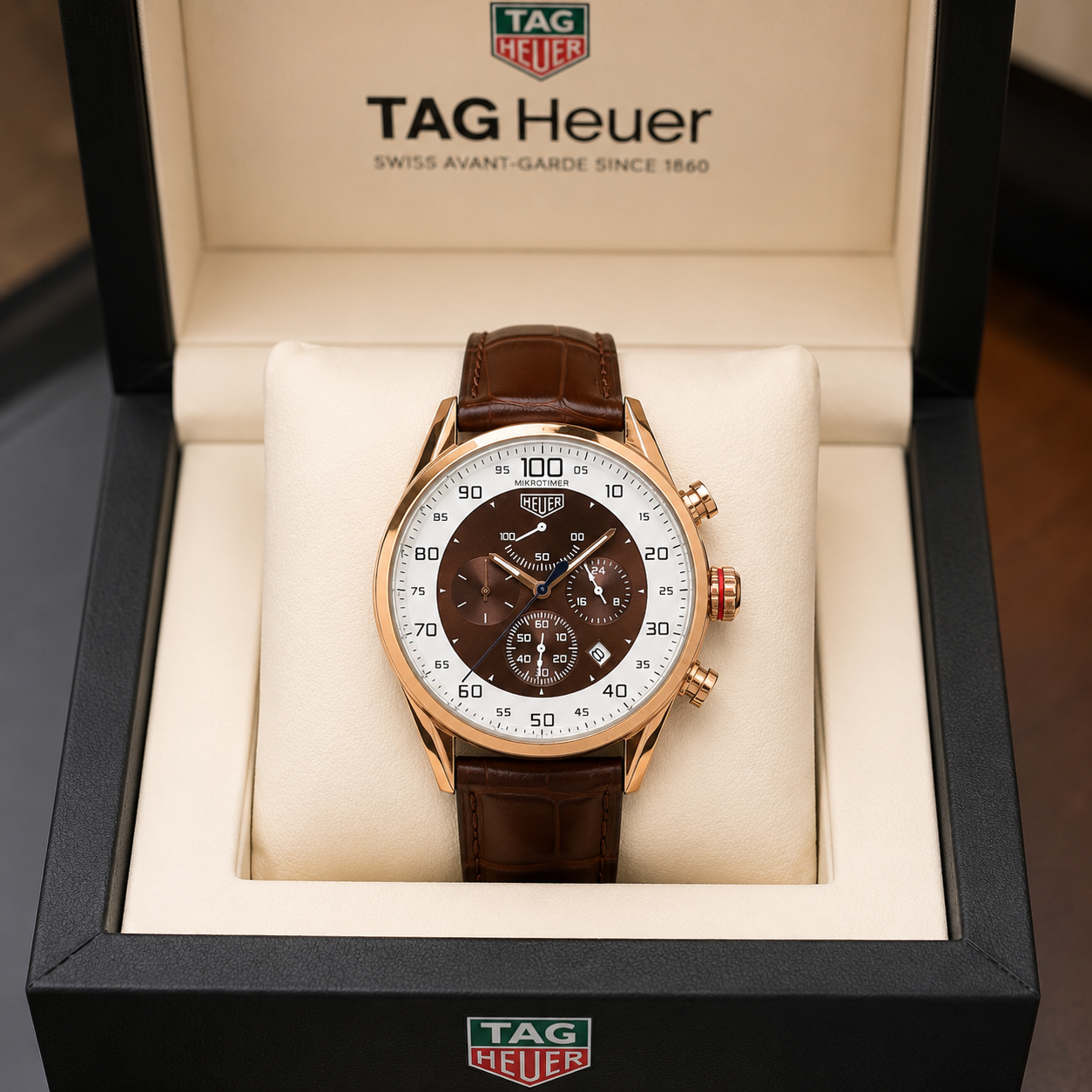 T_AG He_uer Mikrotimer Men’s Chronograph Watch – Rose Gold Case, Brown Dial & Leather Strap