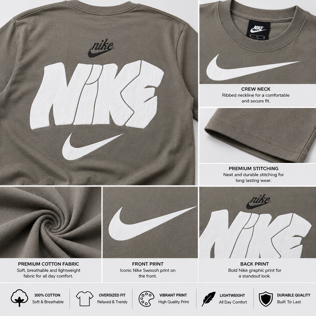 Ni_ke Men’s Grey Oversized Graphic T-Shirt – Swoosh Print Streetwear Tee