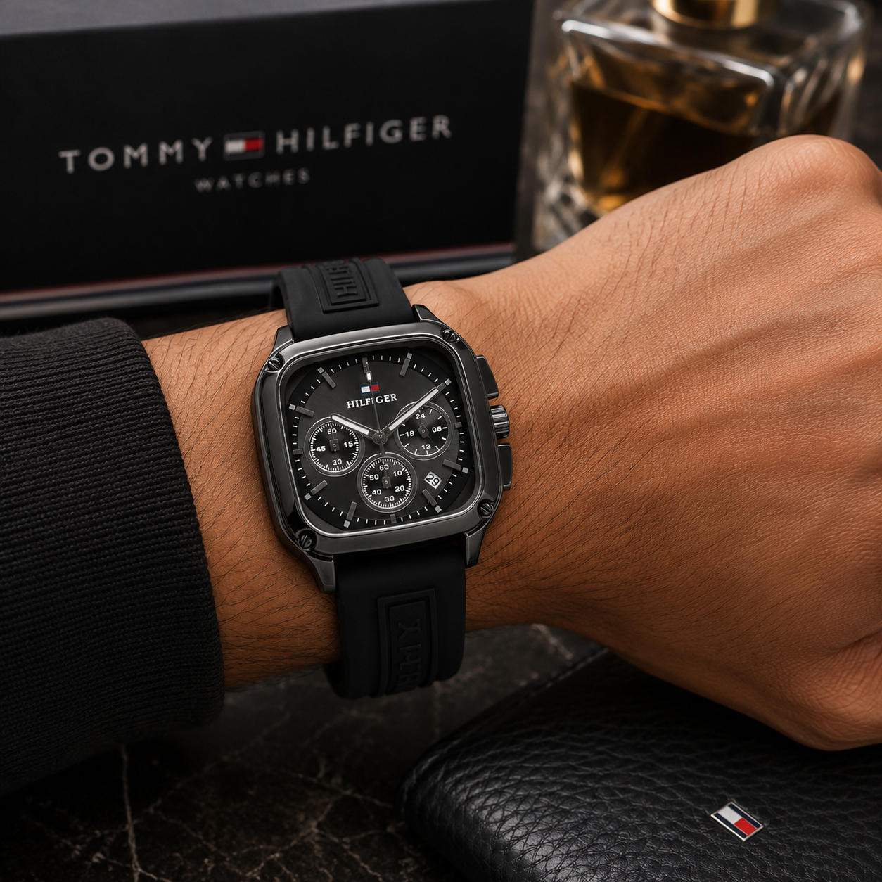 Tom_my Hilfi_ger Men’s Black Chronograph Watch – Square Dial & Premium Silicone Strap