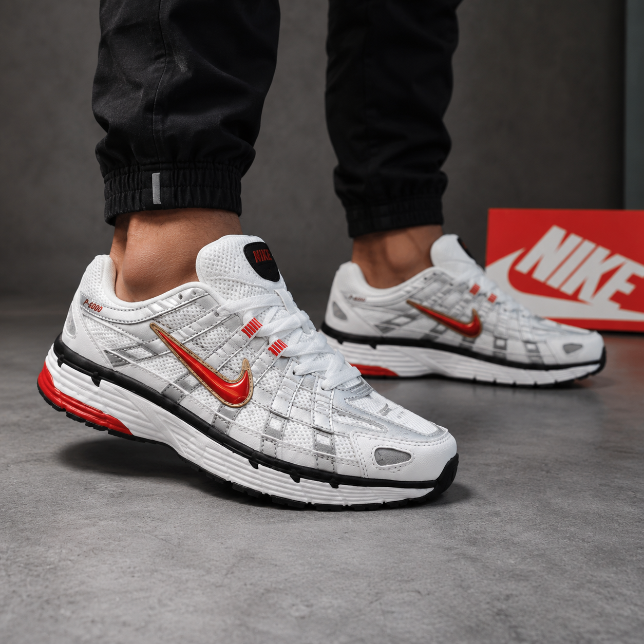 Ni_ke P-6000 White & Silver Sneakers with Red Accent – Premium Sport Shoes