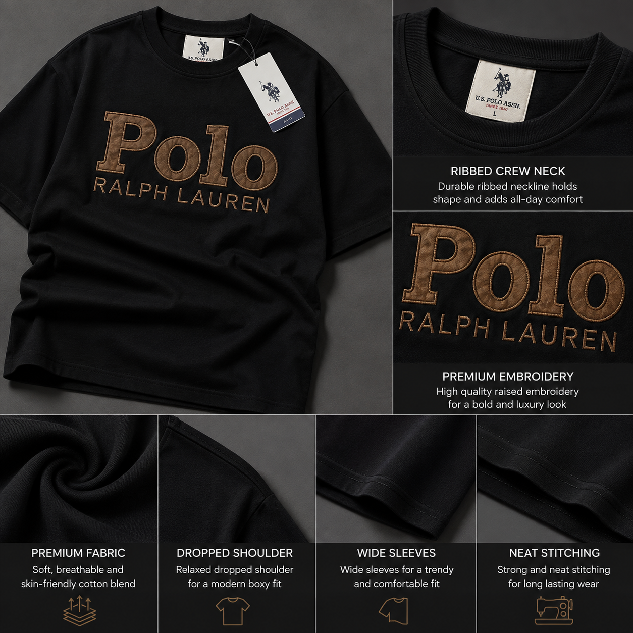 Po_lo Ral_ph Lau_ren Men’s Black Boxy Fit Embroidered T-Shirt | Premium Oversized Tee