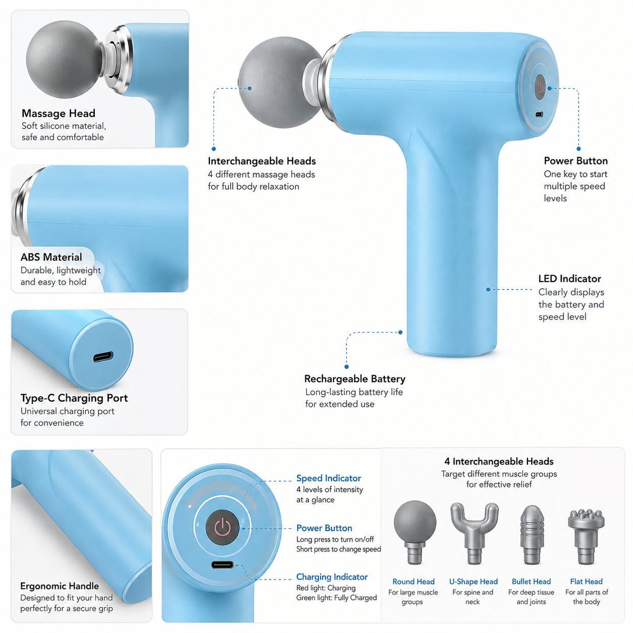 Mini Rechargeable Massage Gun – Portable Deep Tissue Muscle Massager with 4 Interchangeable Heads