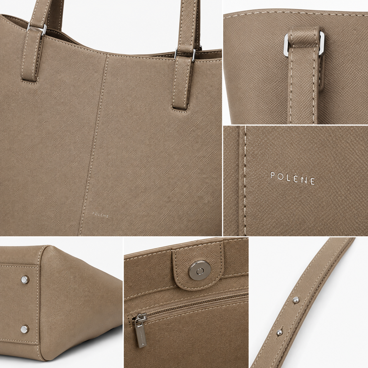 POL_ÈNE Women’s Taupe Textured Leather Tote Bag – Elegant Large Shoulder Carryall