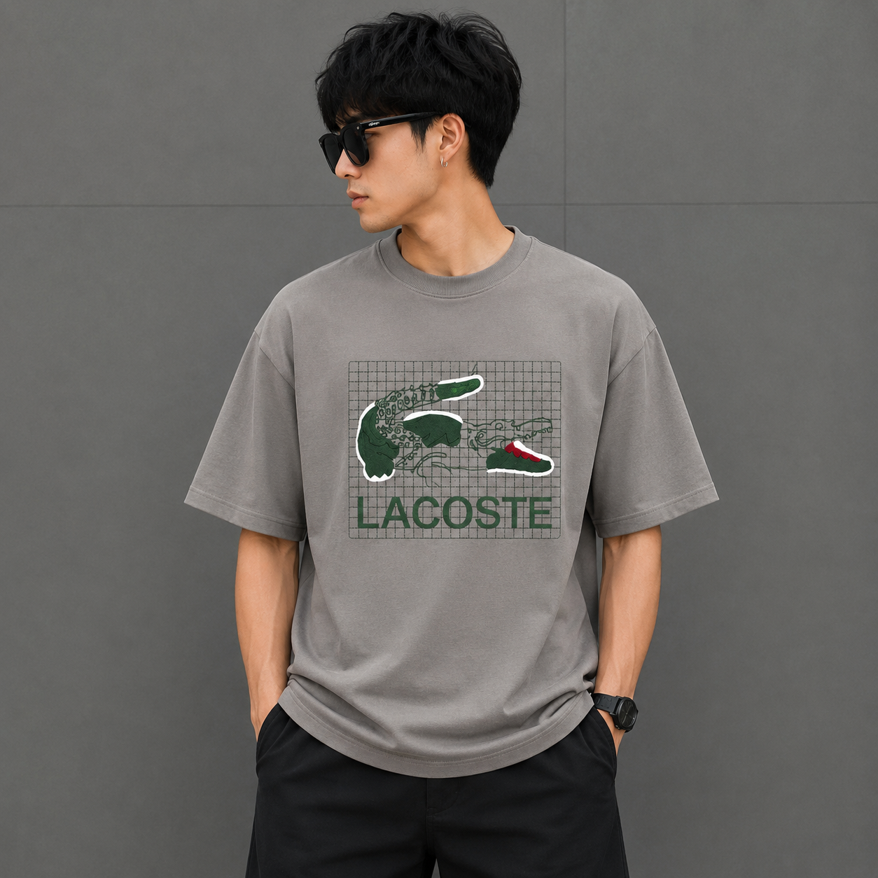 Lac_oste Men’s Grey Graphic T-Shirt | Premium Crocodile Design Oversized Crew Neck Tee
