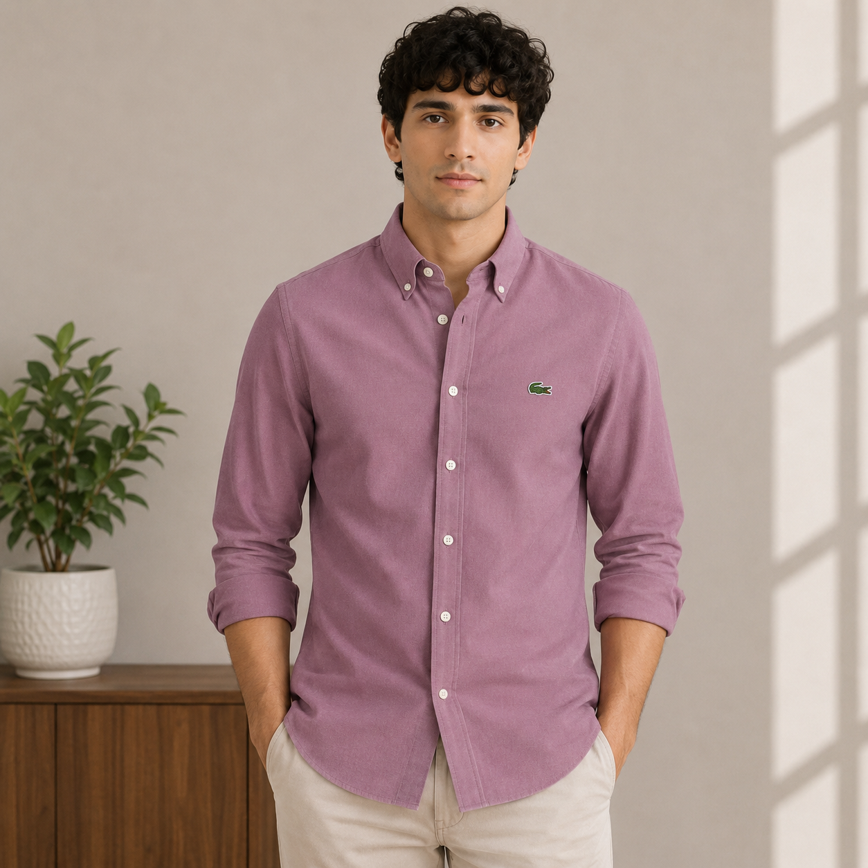Lac_oste Men’s Dusty Mauve Slim Fit Button-Down Shirt – Signature Crocodile Logo