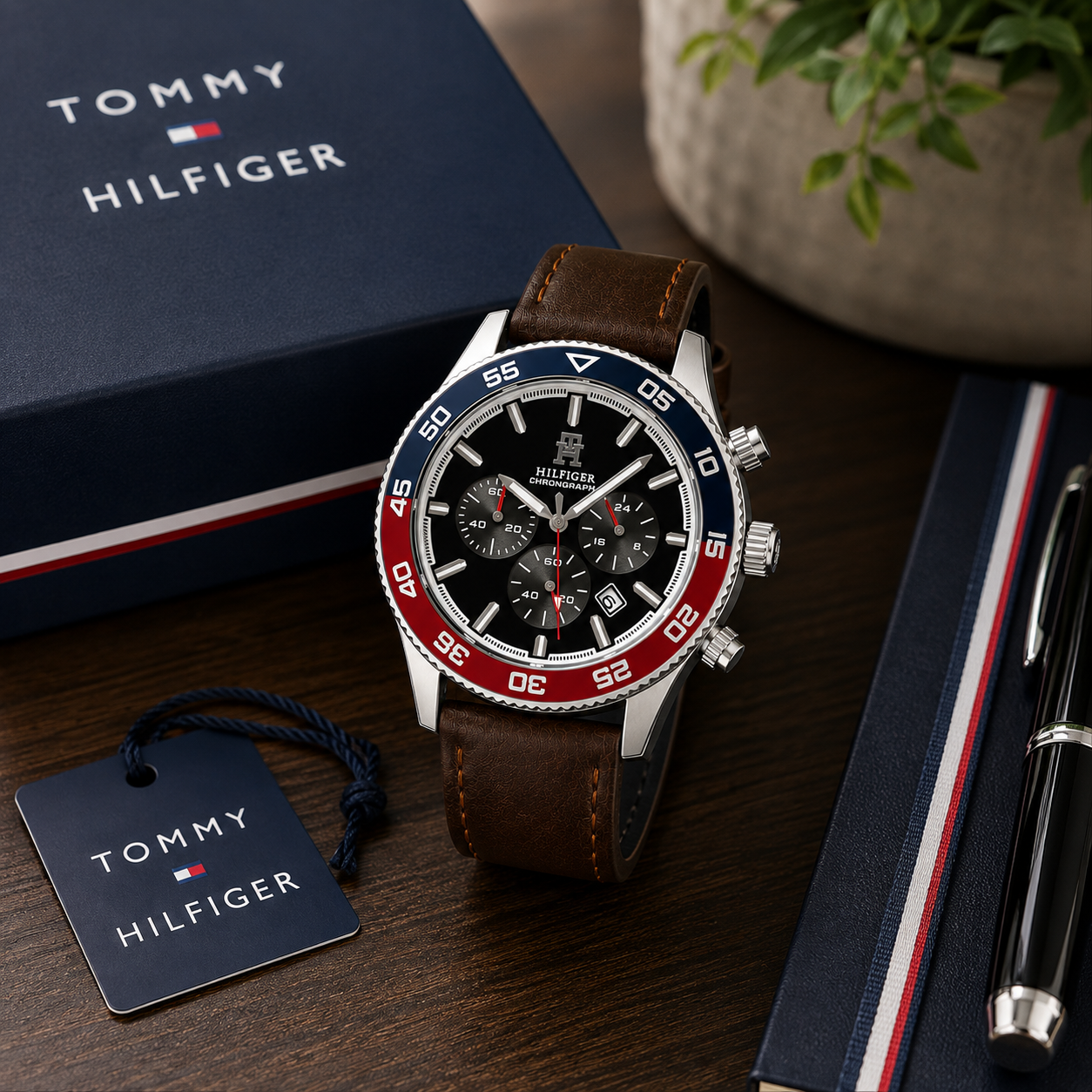 Tom_my Hilfi_ger Chronograph Men’s Watch – Black Dial, Red & Blue Bezel with Brown Strap