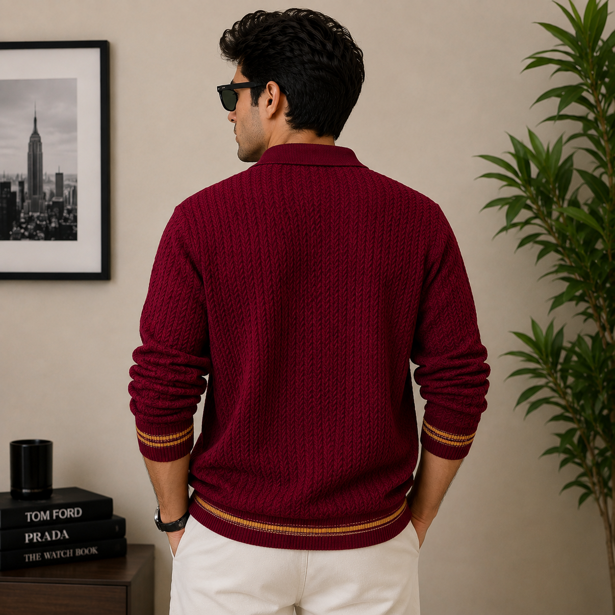 po_lo Men's Premium Burgundy Textured Knit Polo T-Shirt with Contrast Stripe Cuffs