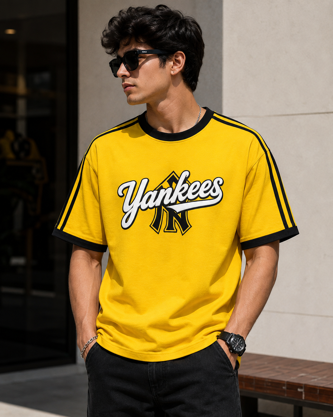 N_ew Yo_rk Yan_kees Inspired Men's Premium Yellow Oversized Cotton T-Shirt with Contrast Stripe