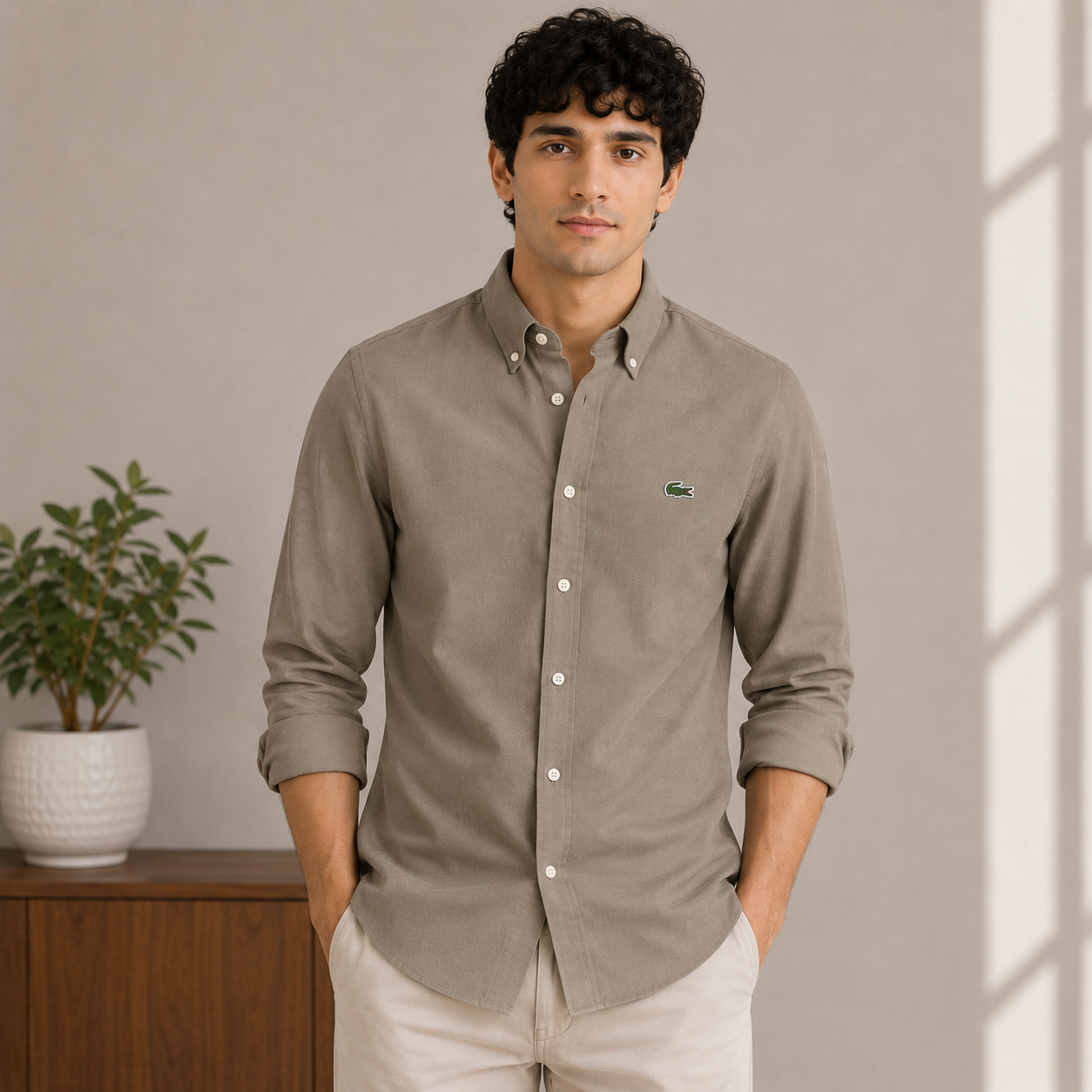 Lac_oste Men’s Taupe Slim Fit Button-Down Shirt – Signature Crocodile Logo