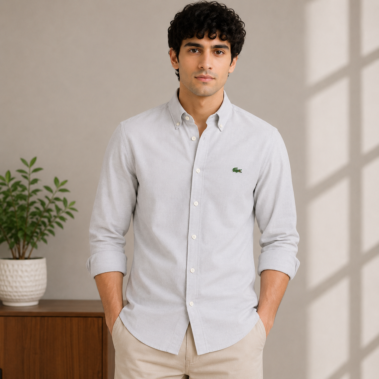 Lac_oste Men’s Light Grey Slim Fit Button-Down Shirt – Signature Crocodile Logo