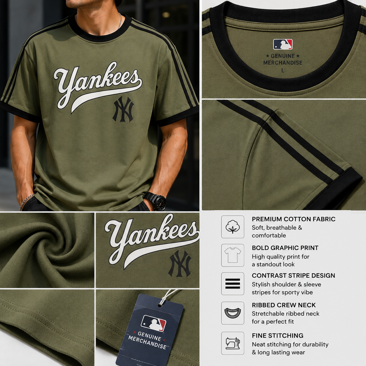 Ne_w Y_ork Yan_kees Inspired Men's Premium Olive Oversized Cotton T-Shirt with Contrast Stripe