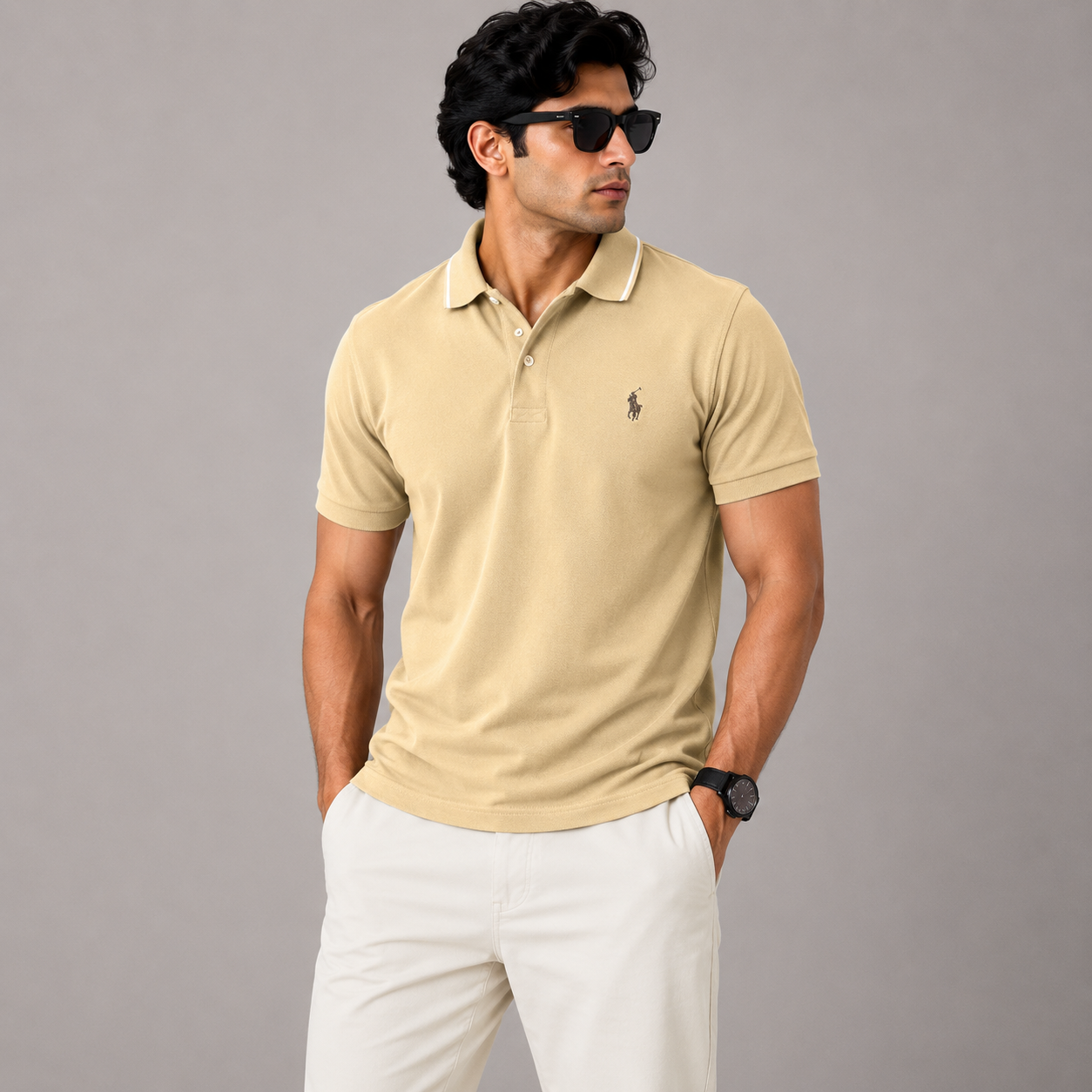 Po_lo Ral_ph Lau_ren Men’s Beige Premium Polo T-Shirt – Signature Pony Logo & Contrast Tipped Collar