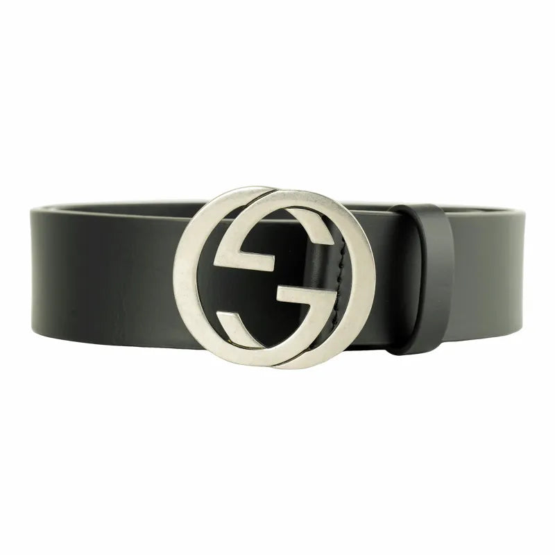 Guci Interlocking G Leather Belt Men's Black 3.8cm Width