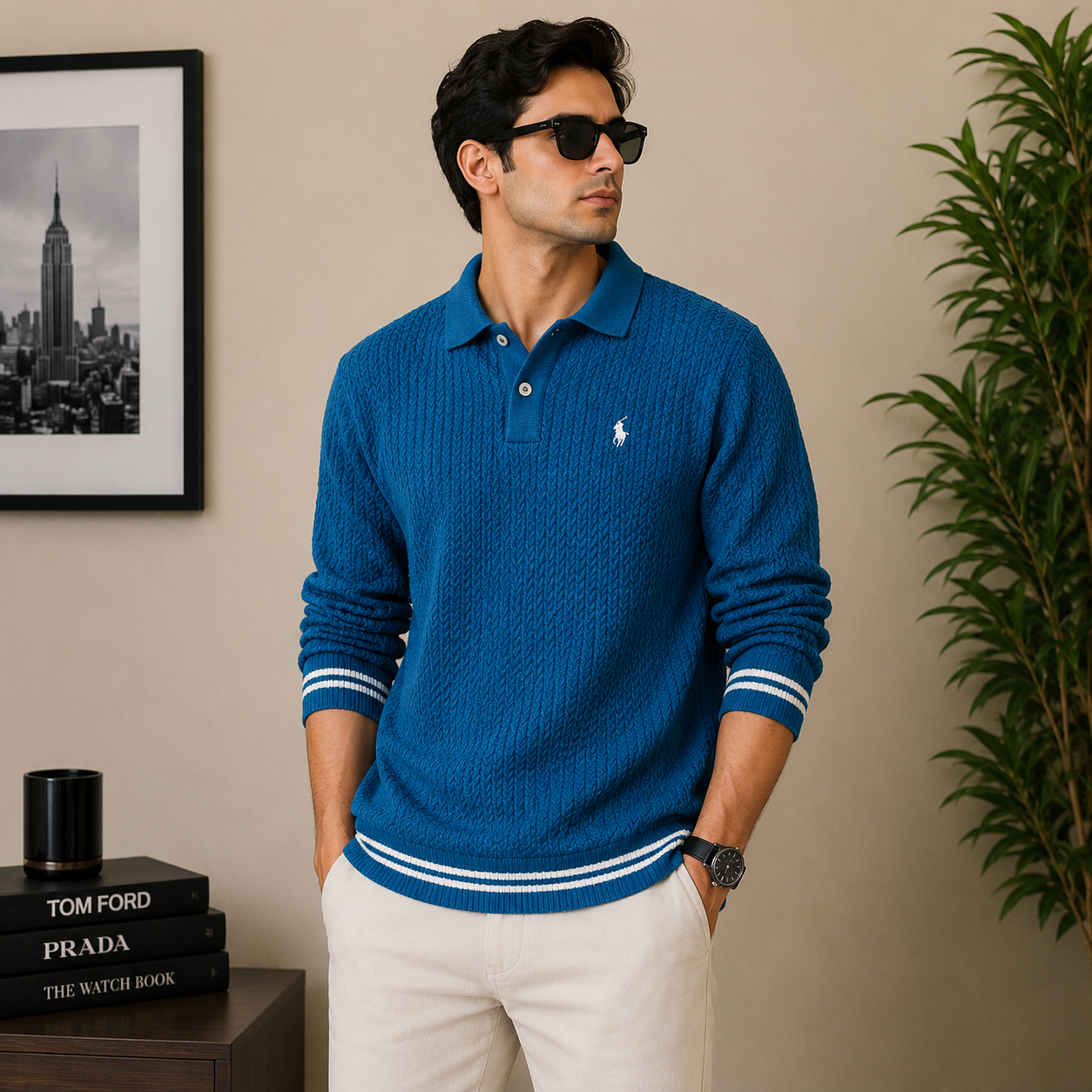 po_lo Men's Premium Blue Textured Knit Polo T-Shirt with Contrast Stripe Cuffs