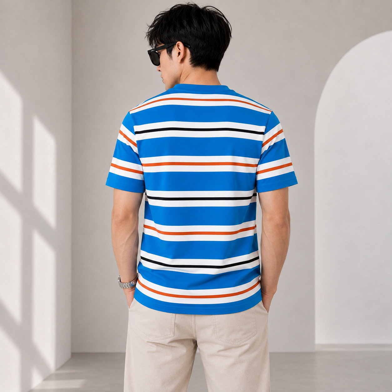 Pr_ada Men’s Premium Blue Striped T-Shirt | Half Sleeve Round Neck Casual T-Shirt