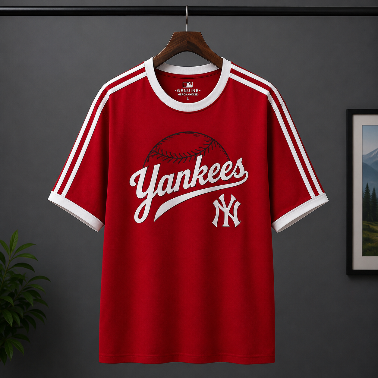 Ne_w Yo-rk Yan_kees Inspired Men's Premium Red Oversized Cotton T-Shirt with Contrast Stripe