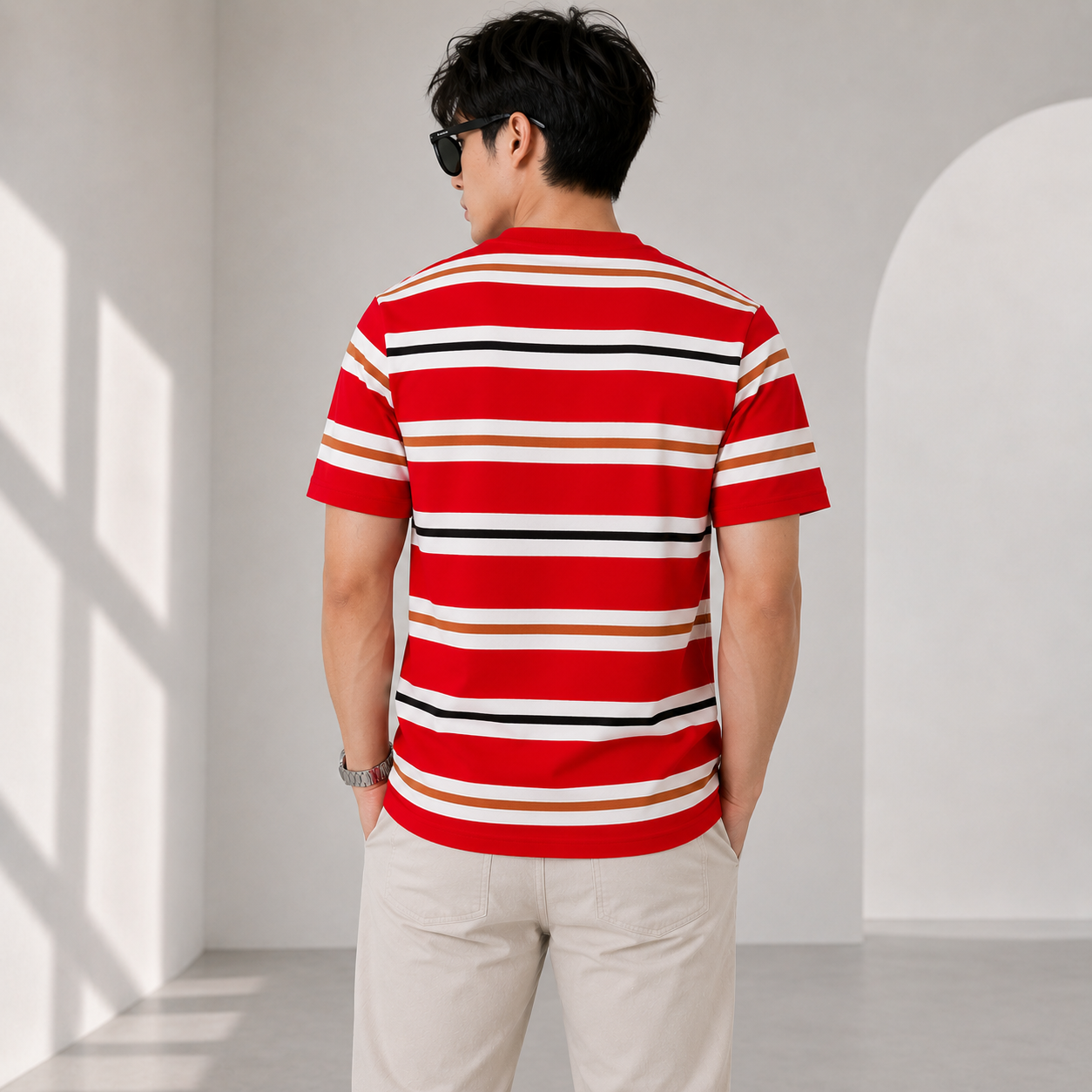 Pr_ada Men’s Premium Red Striped T-Shirt | Half Sleeve Round Neck Casual T-Shirt