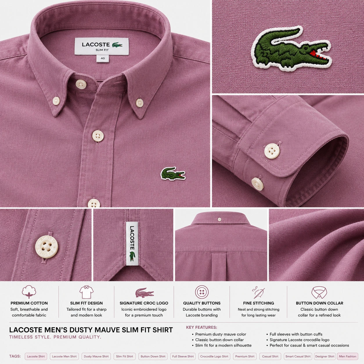 Lac_oste Men’s Dusty Mauve Slim Fit Button-Down Shirt – Signature Crocodile Logo