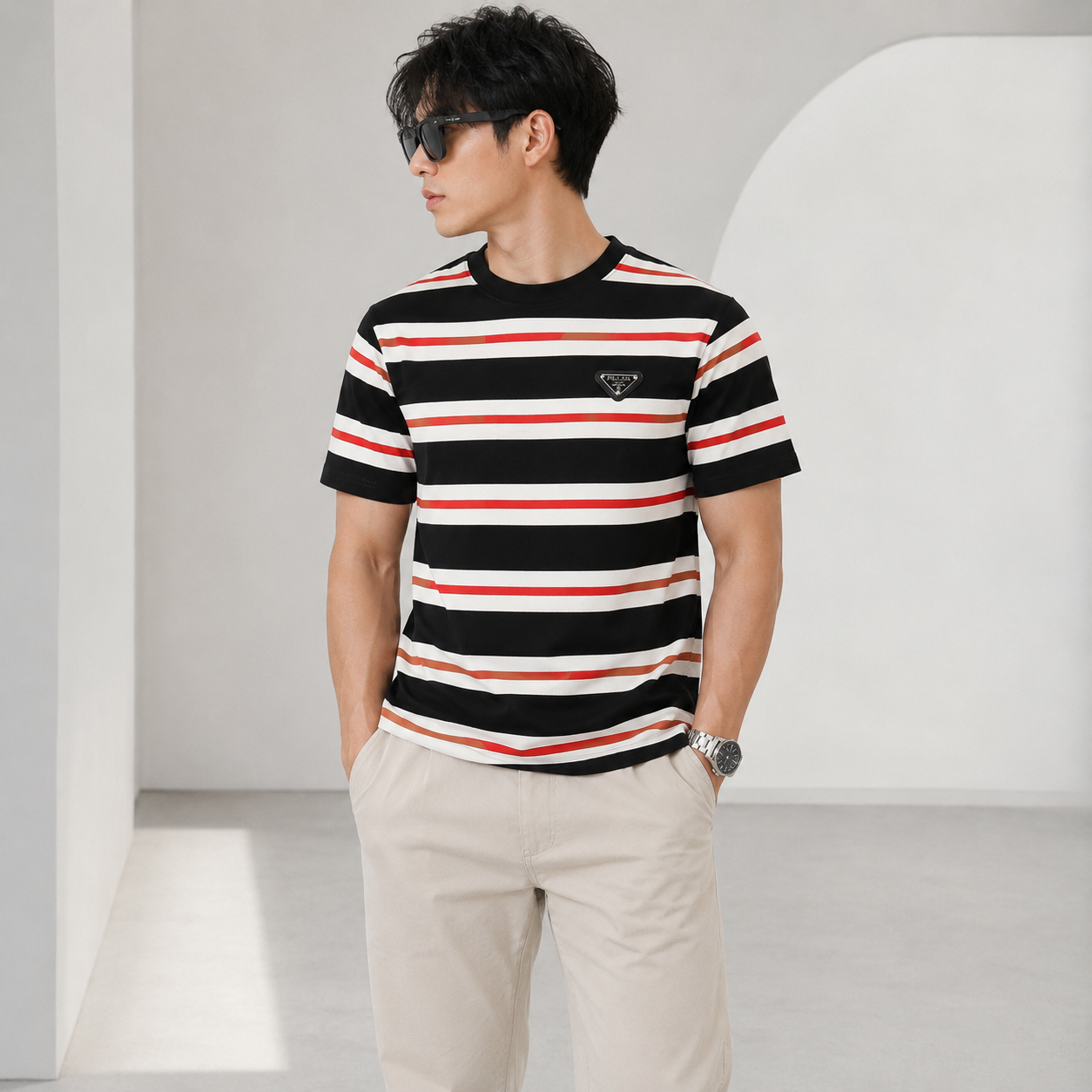 pr_ada Men’s Black Striped Premium T-Shirt | Contrast White & Red Stripe Casual Half Sleeve Tee