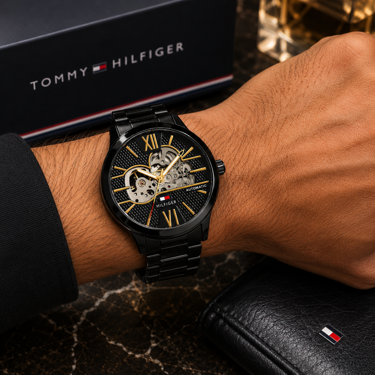 Tom_my Hilf_iger Automatic Skeleton Men’s Watch – Black Stainless Steel & Gold-Tone Dial