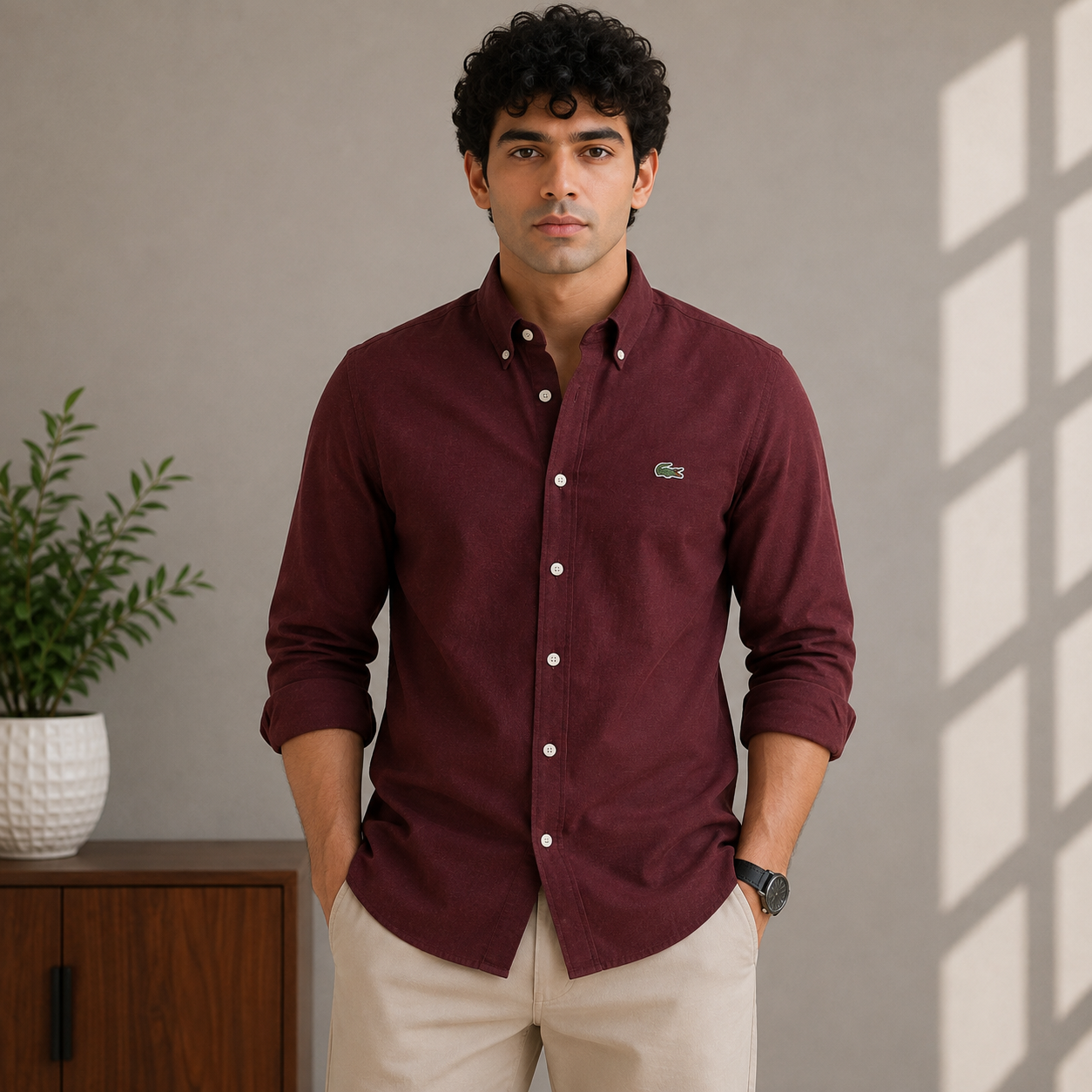 Lac_oste Men’s Wine Red Slim Fit Button-Down Shirt – Signature Crocodile Logo