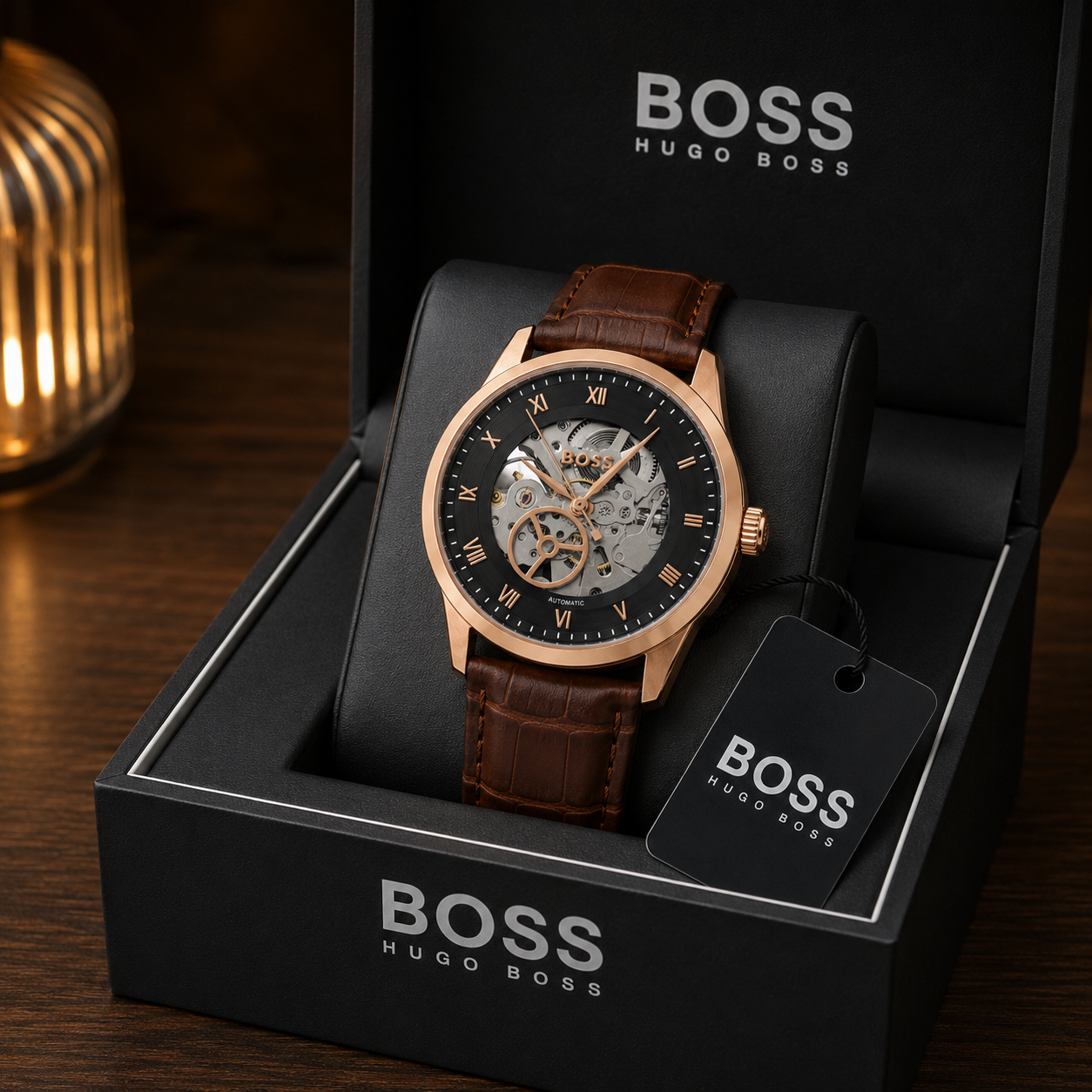 BO_SS Hu_go Bo_ss Automatic Skeleton Men’s Watch – Rose Gold Case & Brown Leather Strap