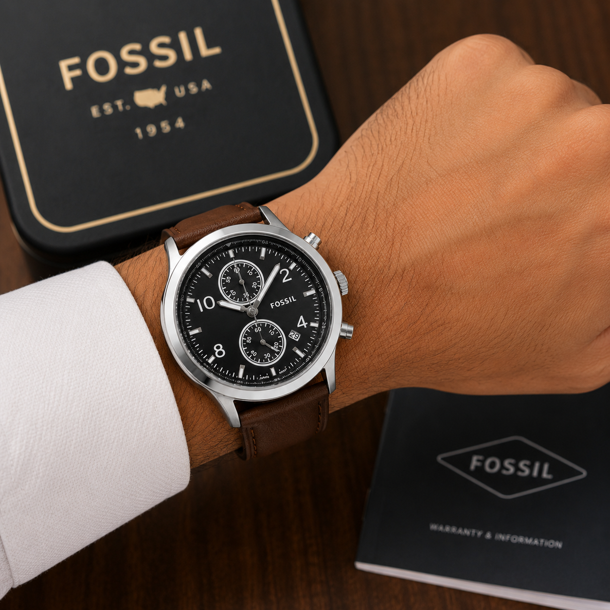 Fos_sil Black Dial Chronograph Brown Leather Strap Watch