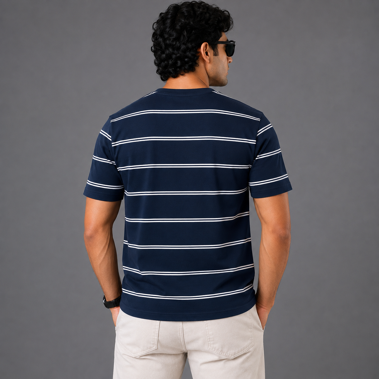 Po_lo Ral_ph Lau_ren Men’s Navy Blue Striped Crew Neck T-Shirt – Red Ralph Embroidered Logo