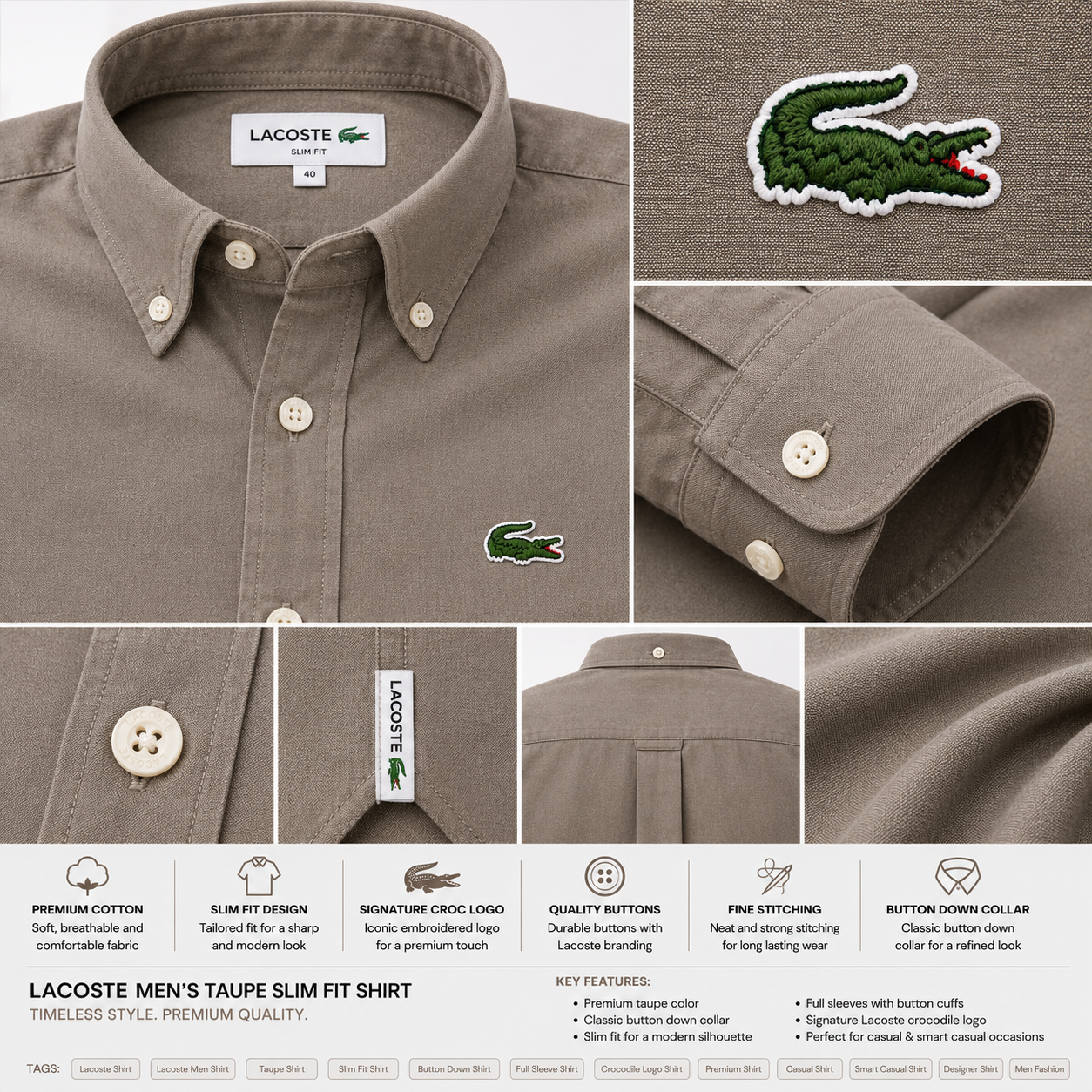 Lac_oste Men’s Taupe Slim Fit Button-Down Shirt – Signature Crocodile Logo