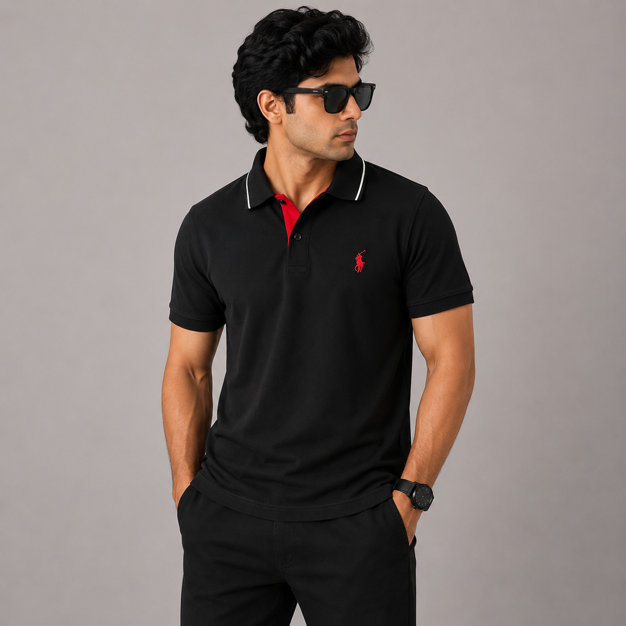 Po_lo Ral_ph Lau_ren Men’s Black Premium Polo T-Shirt – Red Signature Pony Logo & Contrast Collar