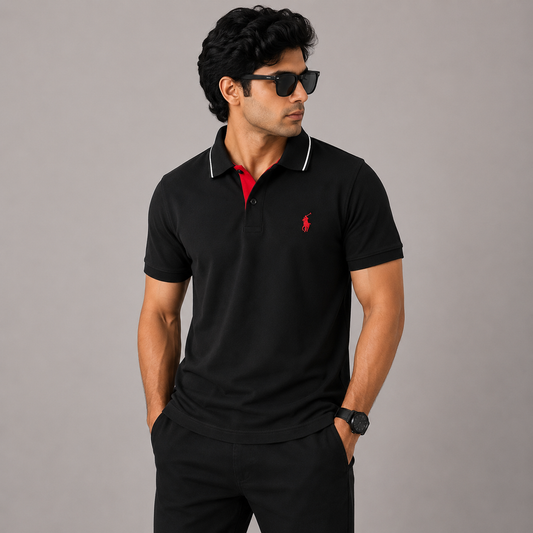 Po_lo Ral_ph Lau_ren Men’s Black Premium Polo T-Shirt – Red Signature Pony Logo & Contrast Collar