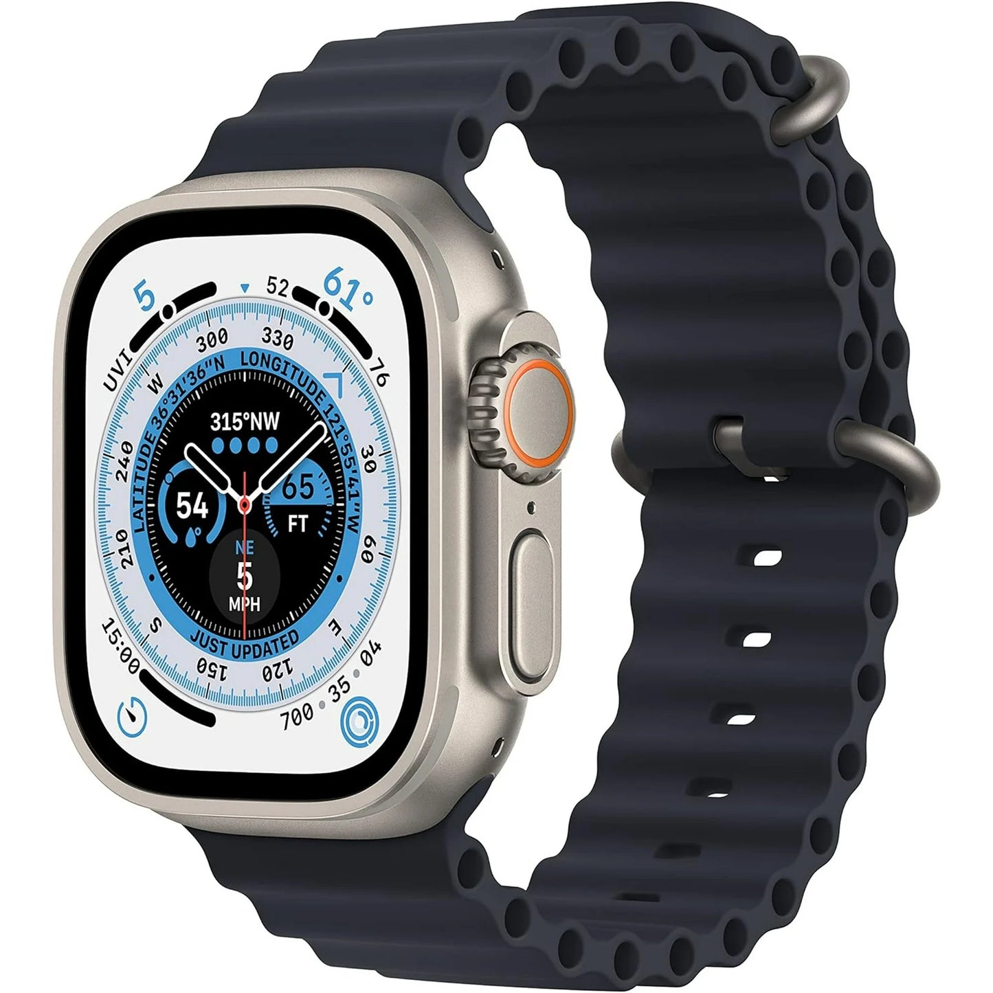 Apple Watch Ultra (GPS + Cellular, 49 mm) Titanium Case with Midnight Ocean Band, Bundle 6 Bonus Bands, Charging Stand, & 2 amp charger
