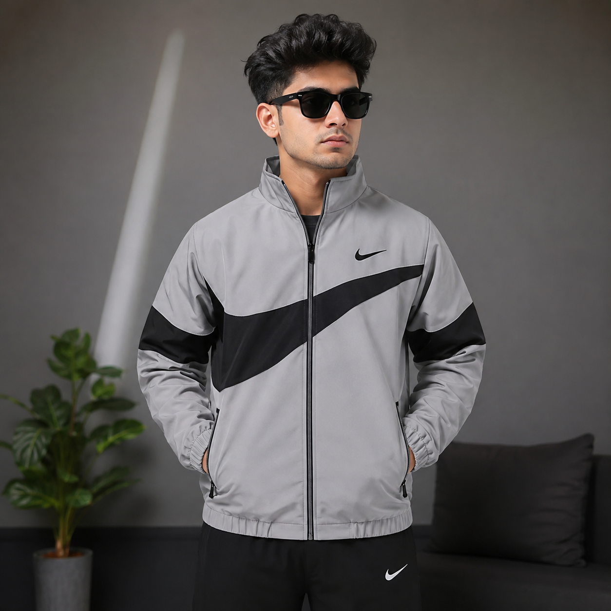 Ni_ke Men's Grey Color Block Zip-Up Sports Jacket | Lightweight Casual Windbreaker