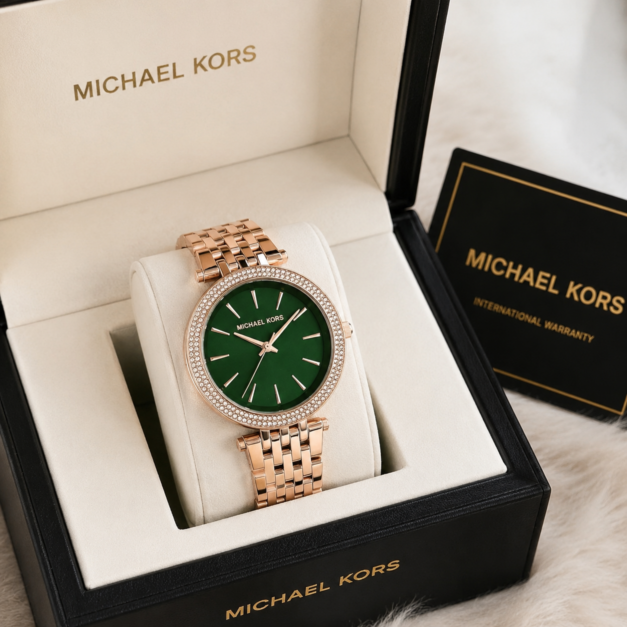 Mic_hael Ko_rs Women’s Rose Gold Crystal Watch – Emerald Green Dial & Premium Bracelet