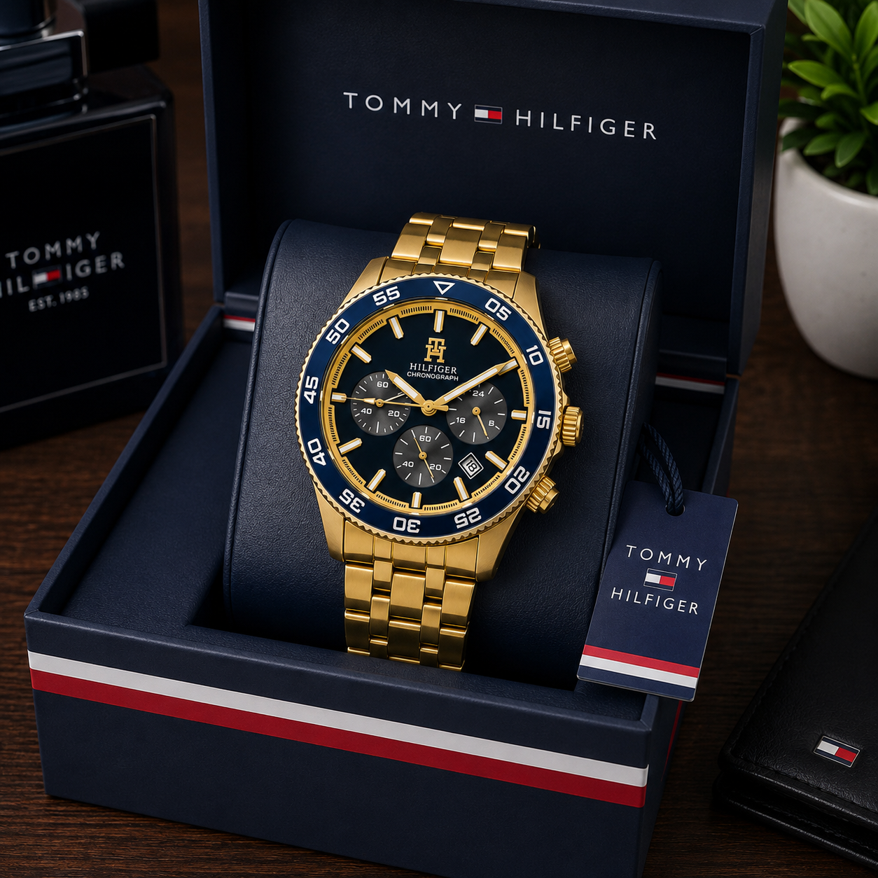 Tom_my Hilf_iger Gold-Tone Blue Dial Chronograph Men’s Watch