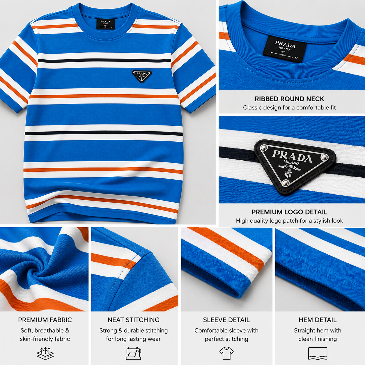 Pr_ada Men’s Premium Blue Striped T-Shirt | Half Sleeve Round Neck Casual T-Shirt