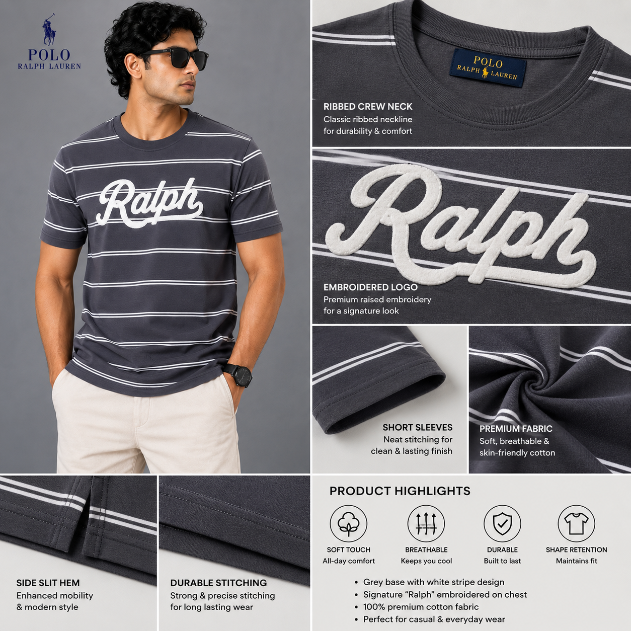 Po_lo Ral_ph Lau_ren Men’s Charcoal Grey Striped Crew Neck T-Shirt – White Ralph Embroidered Logo