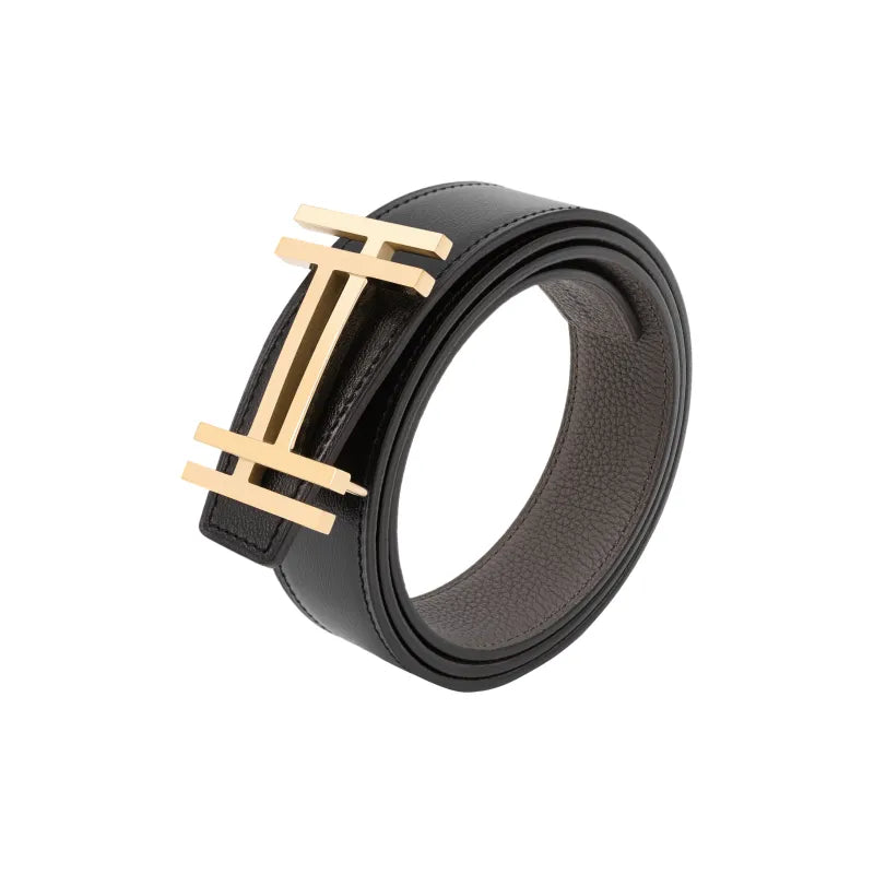 HERMES Double H Block Gold Buckle Togo Calfskin Reversible Leather Belt Men's Black/Tin Grey Width 3.2cm
