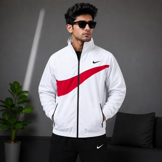 Ni_ke Men's White Color Block Sports Jacket | Lightweight Full Zip Windbreaker