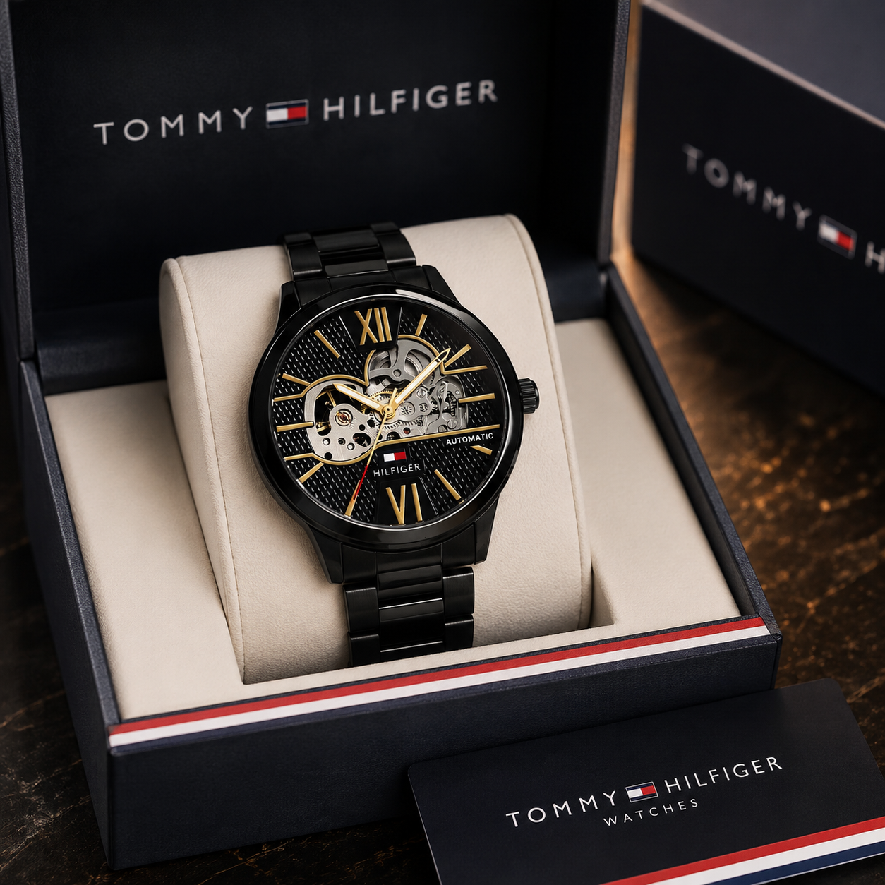 Tom_my Hilf_iger Automatic Skeleton Men’s Watch – Black Stainless Steel & Gold-Tone Dial